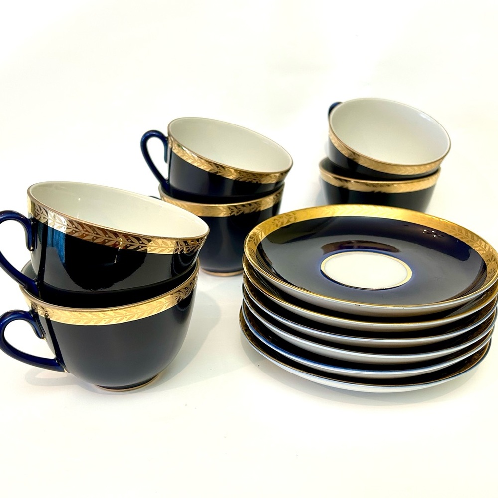 LFZ Lomonosov Russian Porcelain Cobalt Blue 22kt Gold Teacup & Saucer Set
